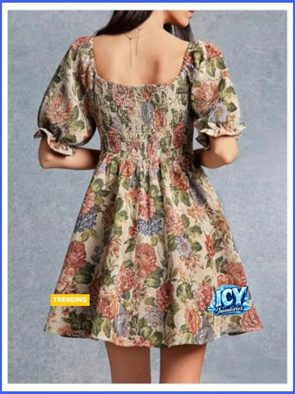 Women's Floral Square Neck Ruffle Short Dress Puff Sleeve Smocked A-Line - Picture 2 of 5